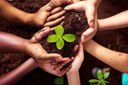 Hands of different generations sheltering a young green plant in the soil