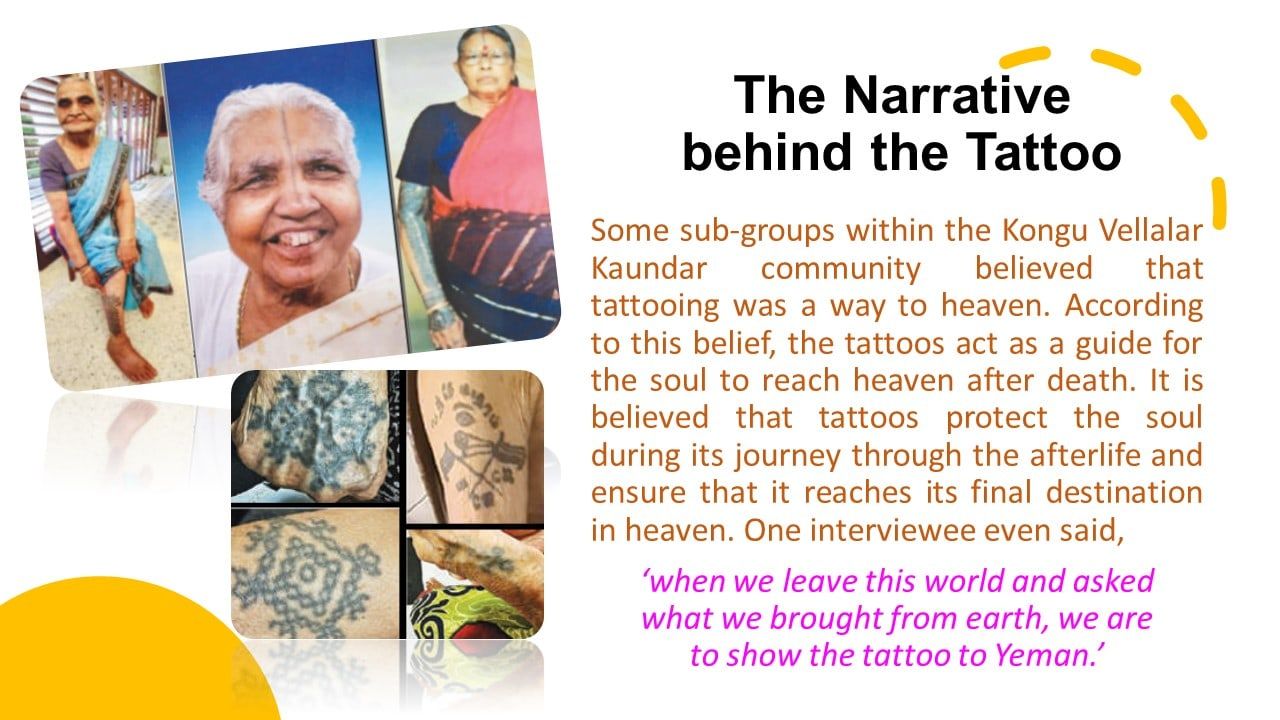 Portraits of three elderly women alongside close-up photographs of traditional tattoo patterns on their arms, hands and feet.