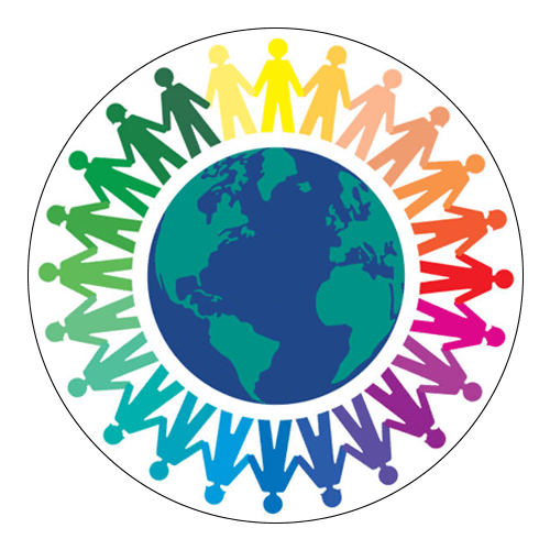 Colourful figures holding hands around a globe, symbolising community unity.