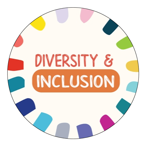 The words Diversity and Inclusion surrounded by colourful shapes.